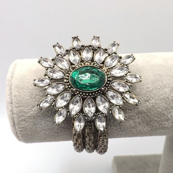 Green Clear Rhinestone Pendant Bracelet, Silver Tone, Stretch, 7 Inches - Picture 3 of 7